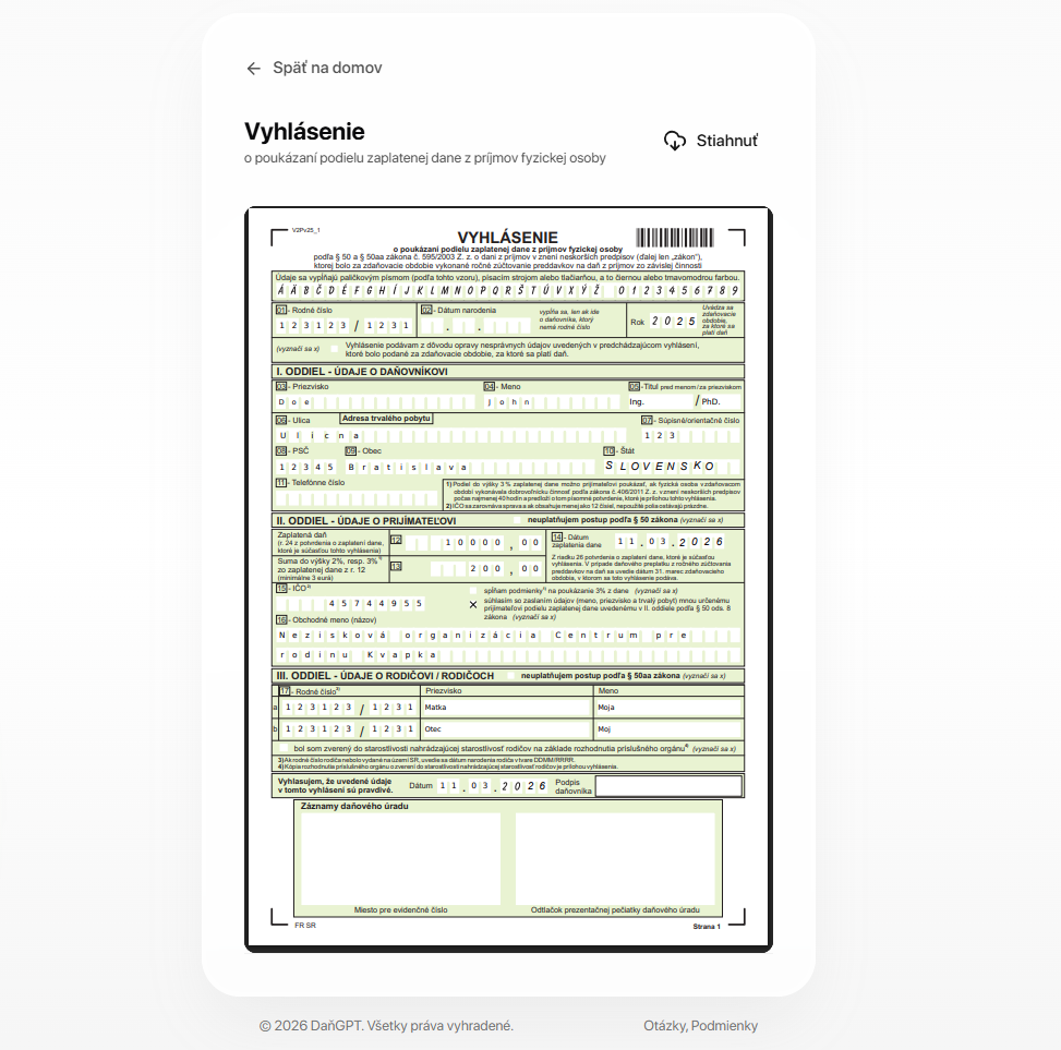 Daruj 2% - Generovanie PDF tlačiva