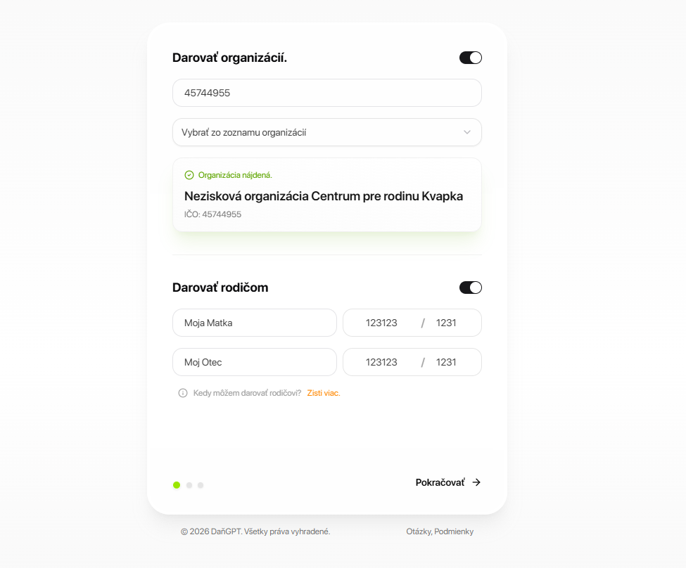 Daruj 2% - Vyber organizáciu, pridaj rodičov
